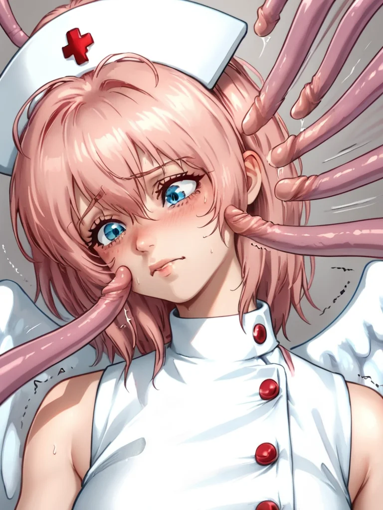 score_9, score_8_up, score_7_up, 1girl ,solo,   <lora:100_patina_pdxl:1> seitenshi_patina, sleeveless_button_up_nurse_uniform, nurse_hat, bangs, white_angel_wings, short_hair_front, long_hair_back, pink hair, blue eyes, fleshy background, tentacles, multiple tentacles, tentacle lair, shaking, motion lines,close up view, (portrait view:1.4), red buttons