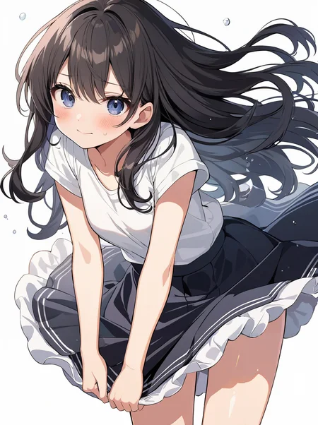masterpiece,ultra-detailed,best quality,8K,illustration,cute face,clean skin ,shiny hair,girl,ultra-detailed-eyes,simple background, <lora:add-detail-xl:1> <lora:skirt tug_XL_V1.0:1> skirt tug, skirt, wind lift, blush, wind
