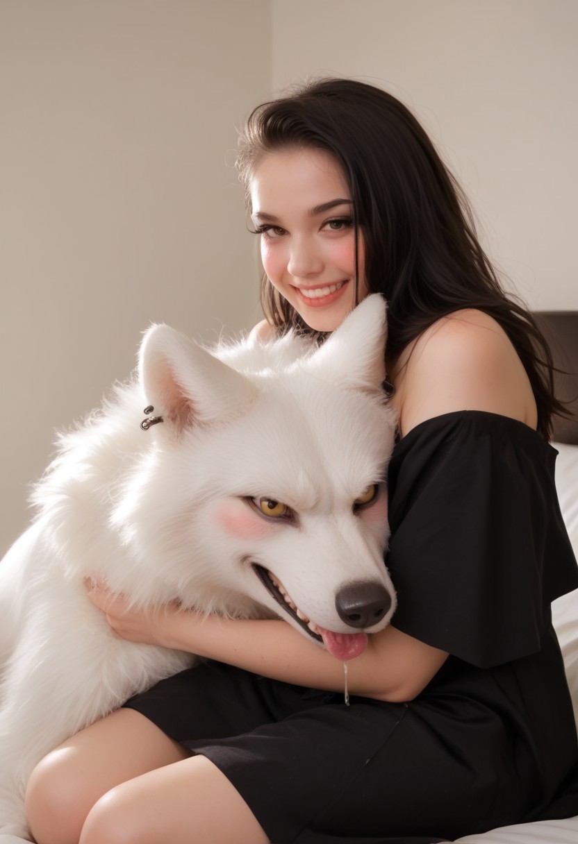 score_9, score_8_up, score_7_up,  1girl, cute girl, goth girl, black hair, seductive, blushing, blush, light grin, ((perfect eyes)), glistening skin,  long hair, side cut, girl, black summer dress, dress pulled down, falling off shoulder, hugging masculine white wolf, hugging wolf, laying down, laying girl, 
BREAK
Wolf, Male wolf, white wolf, hungry wolf, big wolf, strong, (wolf drooling), salivating, saliva dripping, dripping saliva, (panting), perfect wolf anatomy, wolf showing teeth, (wolf teeth), sitting, sitting wolf, 
BREAK,
feral_on_human, human_on_feral, feral on human, 
dim lighting, perfect quality, high quality, sitting,
At night, bedroom, full body view, broad view, size difference, (big wolf:1.3), photo, photorealistic, realistic, amateur photo,
 <lora:Expressive_H-000001:0.8>,<lora:Pony_DetailV1.0:0.9> <lora:p3tl0v3XLP:0.8>, p3tl0v3, (Goth girl), Expressiveh, wlflnk, fantasy, noname55