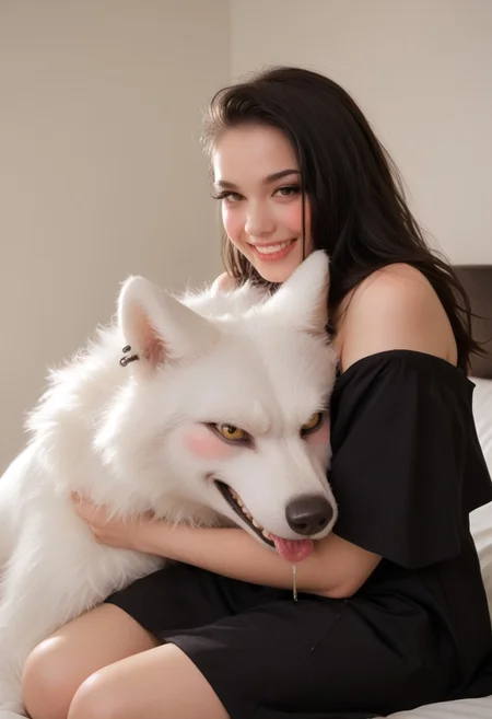 score_9, score_8_up, score_7_up,  1girl, cute girl, goth girl, black hair, seductive, blushing, blush, light grin, ((perfect eyes)), glistening skin,  long hair, side cut, girl, black summer dress, dress pulled down, falling off shoulder, hugging masculine white wolf, hugging wolf, laying down, laying girl, 
BREAK
Wolf, Male wolf, white wolf, hungry wolf, big wolf, strong, (wolf drooling), salivating, saliva dripping, dripping saliva, (panting), perfect wolf anatomy, wolf showing teeth, (wolf teeth), sitting, sitting wolf, 
BREAK,
feral_on_human, human_on_feral, feral on human, 
dim lighting, perfect quality, high quality, sitting,
At night, bedroom, full body view, broad view, size difference, (big wolf:1.3), photo, photorealistic, realistic, amateur photo,
 <lora:Expressive_H-000001:0.8>,<lora:Pony_DetailV1.0:0.9> <lora:p3tl0v3XLP:0.8>, p3tl0v3, (Goth girl), Expressiveh, wlflnk, fantasy, noname55