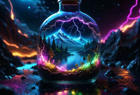 best quality,high resolution,realistic,extremely detailed,8k,crisp,vibrant detailed macro image masterpiece,glowing floating  insane dream particles artistic hyperdetailed immersive galactic fantasy,huge realistic,detailed busy scene inspired cinematic, micro shot, miniature world, extreme close up inside the big magical bottle, iridescent colorful massive neon lightning strikes contained inside the bottle, detailed landscape with trees and mountains and rivers inside the bottle, there should be mist and smoke inside the bottle, intricate, blurry dark background, <lora:add-detail-xl:1>, <lora:sdxl_lightning_8step_lora:1>, <lora:detailed_notrigger:1>