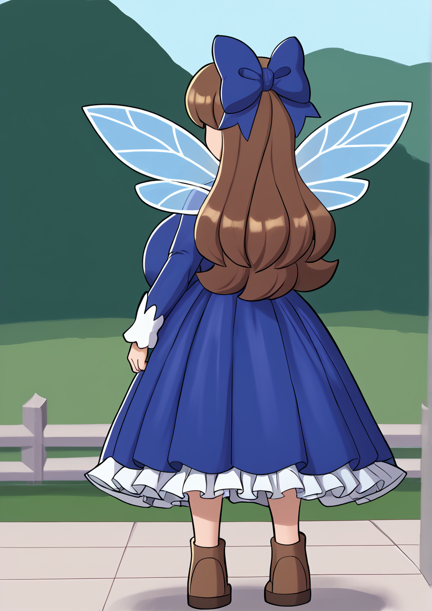 1girl, star sapphire, huge breast, , blue bow, blue dress, bow, brown footwear, brown hair, dress, fairy, fairy wings, frilled dress, frills, from behind, full body, hair bow, long hair, long sleeves, one-hour drawing challenge, outdoors, shoes, solo, standing, wings, ,handfixer,zPDXL3 <lora:Balls_Deep_V3LL:1> <lora:Breast Slider - Pony_alpha1.0_rank4_noxattn_last:3> <lora:HandFixer_pdxl_Incrs_v1:1>    <lora:CrossSama:1>