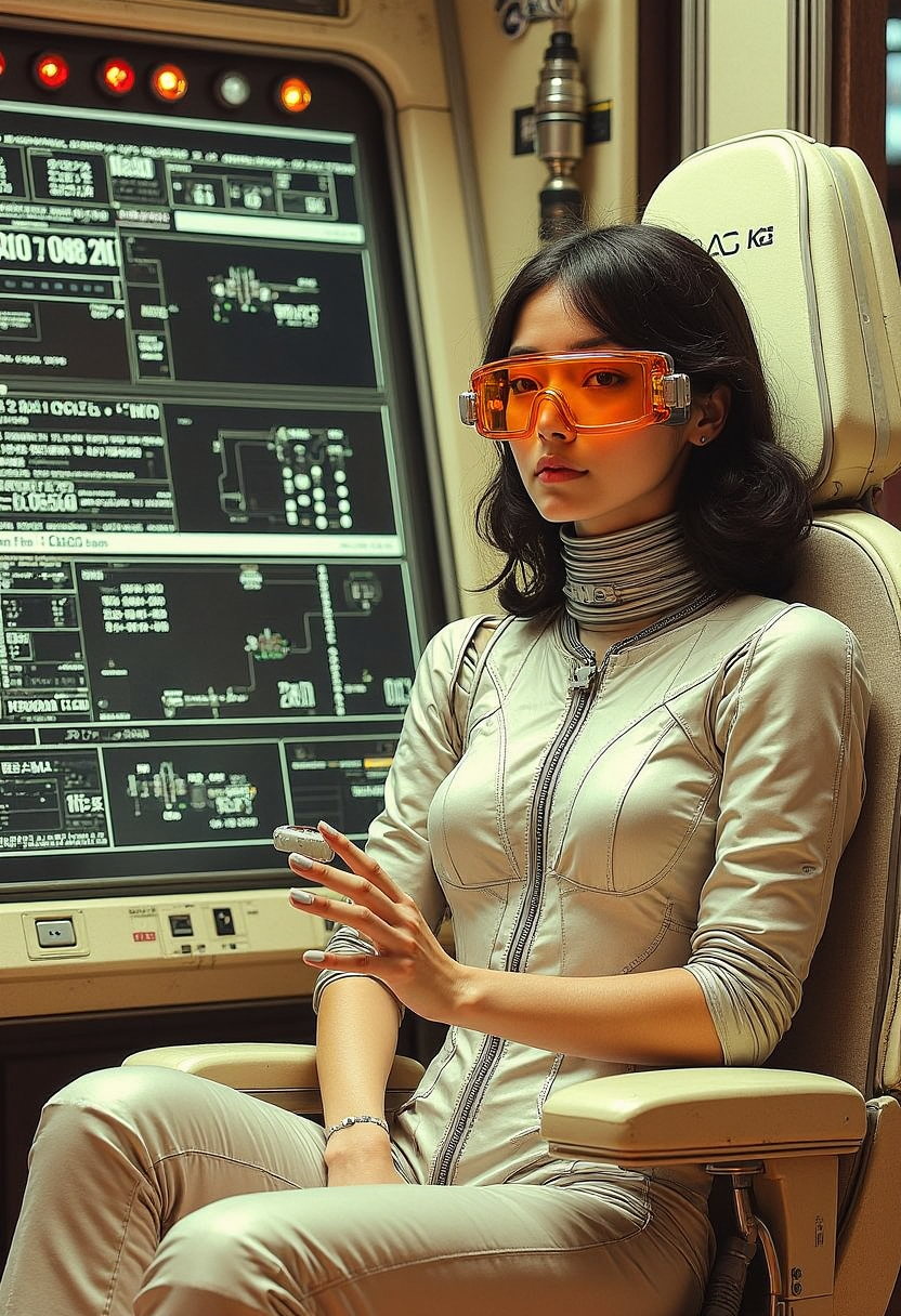YFG-Asak , 80s vintage pulp sci-fi magazine cover of a woman wearing an orange visor with wires that go into a large mainframe and a futuristic silver bodysuit. Sitting in a large mechanical chair in front of a large screen.