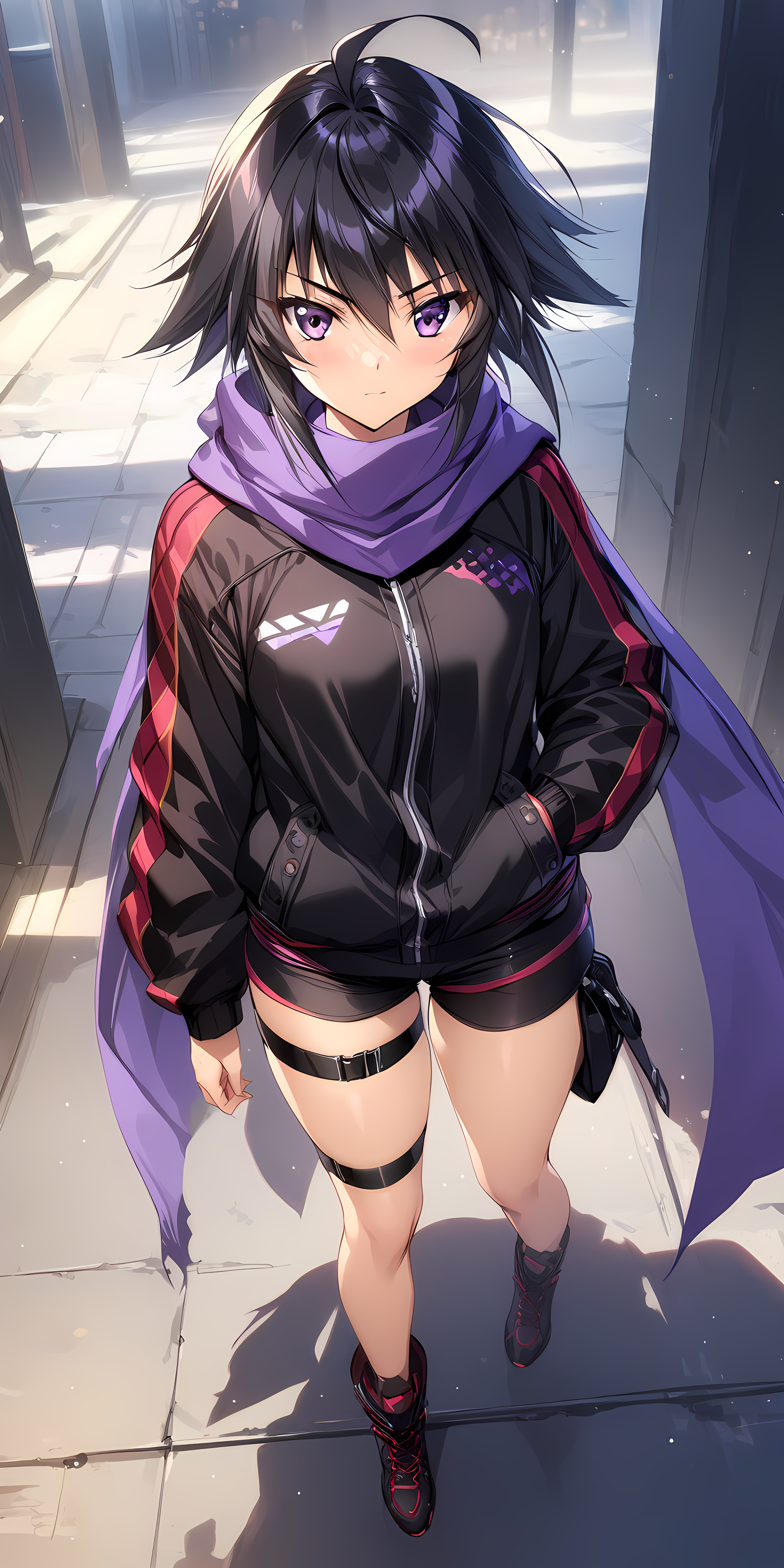 (masterpiece),(best quality),(ultra-detailed),(best illustration),(best shadow),(absurdres),(detailed background),(very aesthetic),  akitsuki_karasu artstyle, ayamine kei, dimensionoutfit, 1girl, solo, shorts, purple eyes, scarf, jacket, hand in pocket, purple scarf, short hair, torn clothes, thigh strap, shoes <lora:Ayamine_Keiå½©å³°_æ§_-_Muv_Luv_Alternativeããã©ã´ãªã«ã¿ãã¤ãã£ã_SDXL_Animagine_XL_3.1:1>
