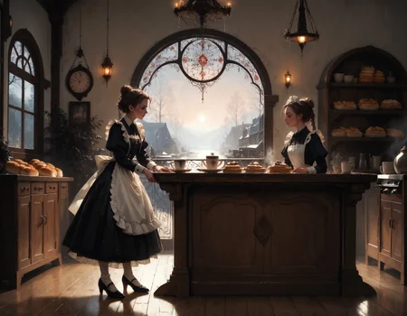 score_9, score_8_up, score_7_up, score_6_up, score_5_up, score_4_up,  masterpiece, high quality, full body, 2girls, maid outfit, in a Victorian bakery, cafe, counter top, behind the counter, bread, pie, coffee, long hair, tied up hair, hair bun, cozy, warm colors, braid, panoramic, white fabric