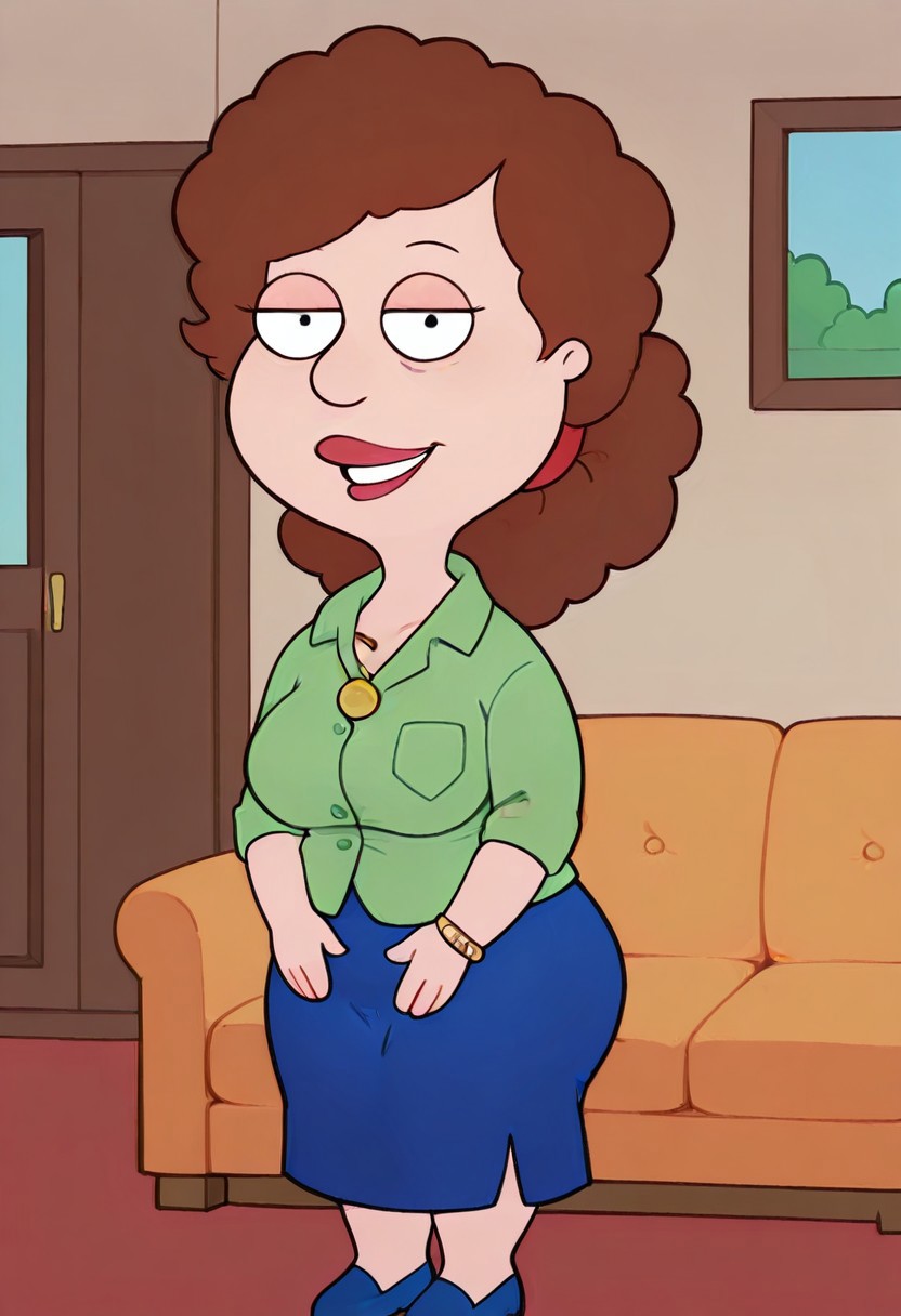 score_9, score_8_up, score_7_up, score_6_up, high quality, rounded eyes, style parody, cartoon style, 1girl, solo, living room, couch, indoors,
BREAK
unnamed girl, brown hair, black eyes, (mature female:1.5), (plump:1.2), large breasts, gigantic ass, gigantic hips, green sweater, rolled up sleeves, blue skirt, navy blue shoes, own hand together, smile, looking at viewer, long skirt, half-closed eyes, necklace,