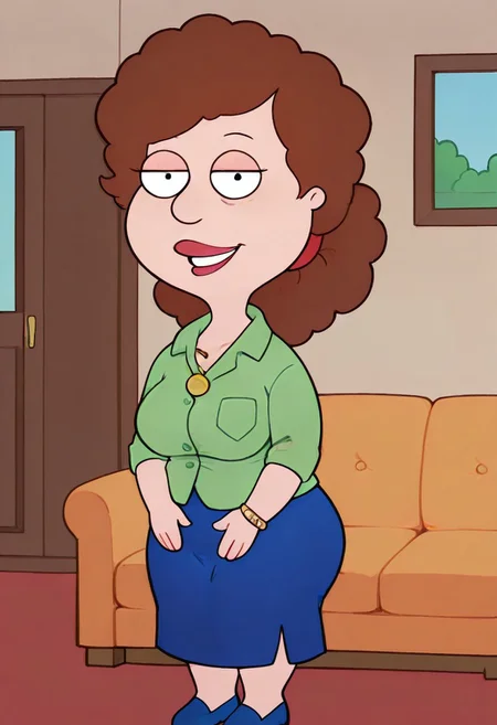 score_9, score_8_up, score_7_up, score_6_up, high quality, rounded eyes, style parody, cartoon style, 1girl, solo, living room, couch, indoors,
BREAK
unnamed girl, brown hair, black eyes, (mature female:1.5), (plump:1.2), large breasts, gigantic ass, gigantic hips, green sweater, rolled up sleeves, blue skirt, navy blue shoes, own hand together, smile, looking at viewer, long skirt, half-closed eyes, necklace,