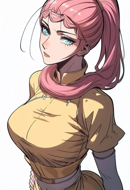 score_9, score_8_up, score_7_up, score_6_up,score_5_up, Expressiveh,
longyuyin, 1girl, ponytail, pink hair, long hair, blue eyes, large breasts, yellow dress, elbow gloves,
detailed face, full color, vibrant color, cowboy shot, dynamic pose, dynamic angle, centered, head tilt, back view, ass, looking back, hand on hip, white background, EyesHD, partially illuminated