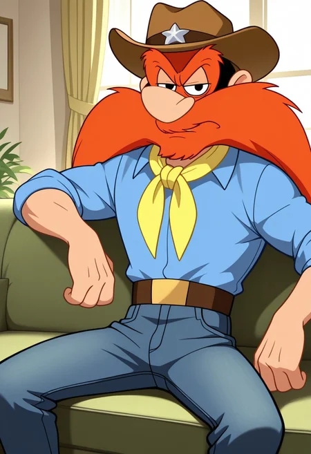 masterpiece, best quality, amazing quality, very aesthetic, absurdres, newest, high quality, detailed, male, solo male, Yosemite Sam, 1boy, mature male, male, athletic build, human, black eyes, big mustache, bushy eyebrows, facial hair, orange hair, broad shoulders, cowboy hat, blue shirt, yellow neckerchief, blue jeans, indoors, sitting on couch, half body, looking at viewer, grumpy expression, half lidded eyes, living room, volumetric lighting