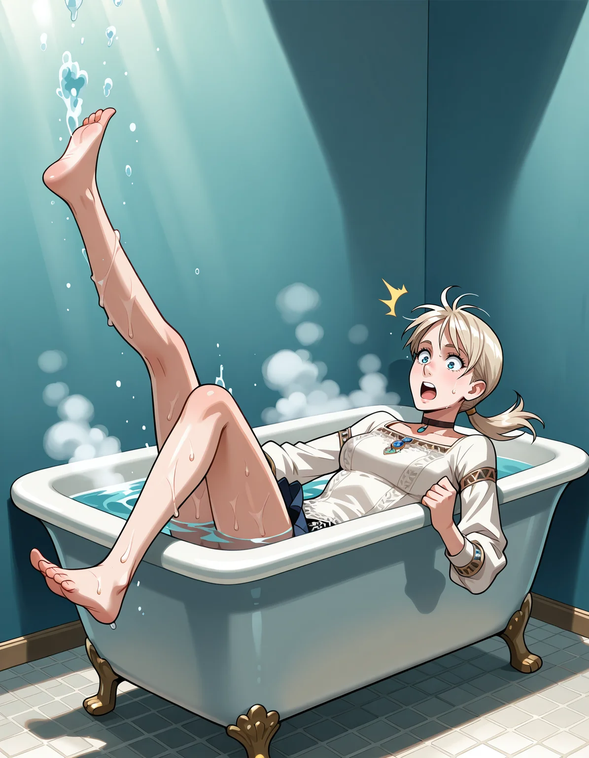 <lora:fiona-illustrious-000027:1>  fiona belli, ponytail, choker, blouse, miniskirt
1girl, solo, bathtub, steam, surprised, falling, submerged, wet, water, shadow