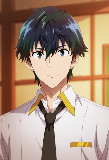 masterpiece, best quality, amazing quality,high resolution,intricate details,official style,depth of field,anime screencap,anime coloring , , , 1boy, solo, male focus,  <lora:Desir_Herrman:0.90>,desir herrman,black hair,multicolored hair,black eyes,short hair,school uniform,white shirt,collared shirt,necktie,upper body,looking at viewer