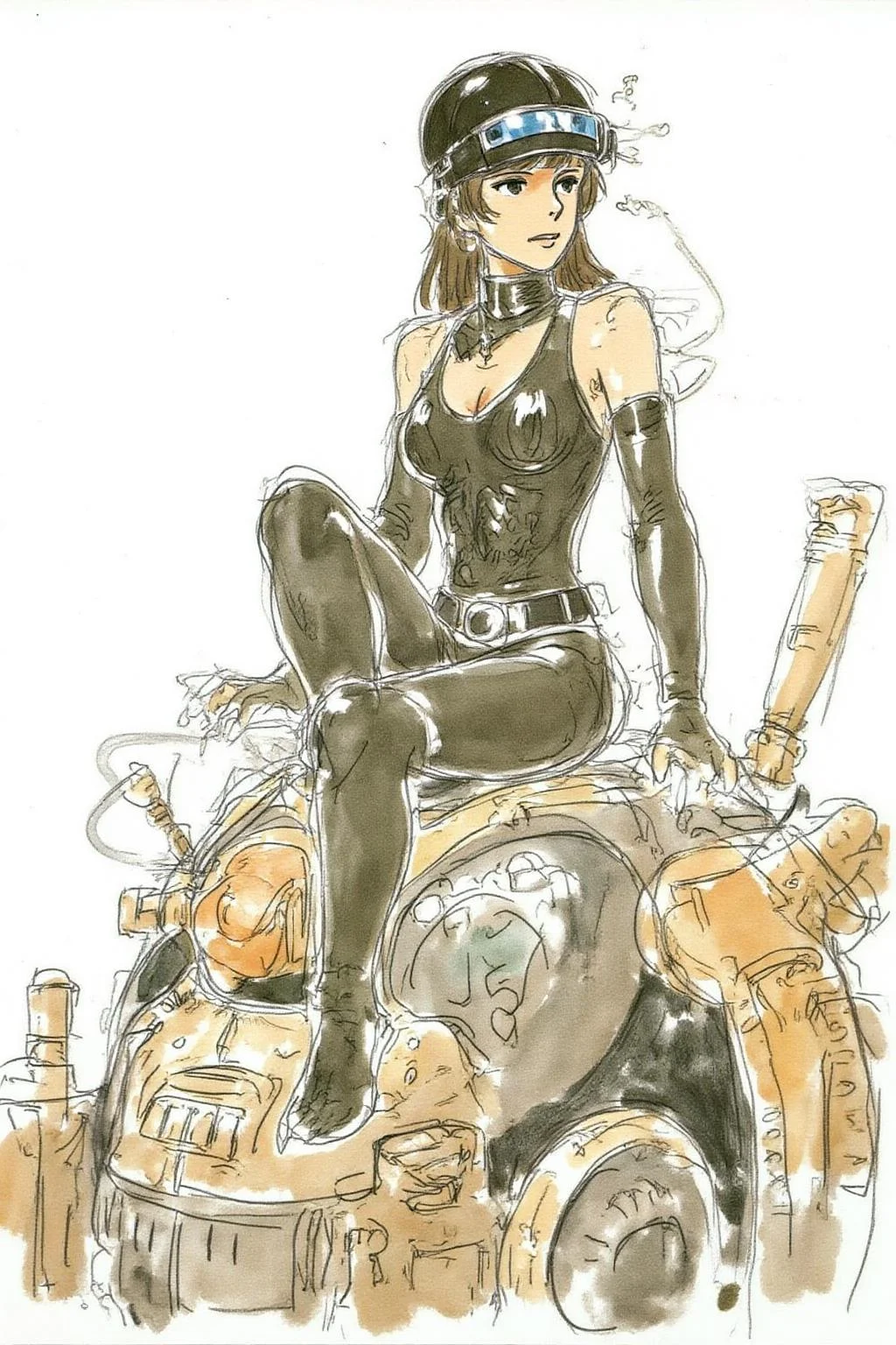 hayaomiyazaki2 illustration.
A striking, futuristic scene depicts a woman dressed in sleek, form-fitting leather attire, sitting confidently atop an open power suit, inspired by the cyberpunk aesthetics of Masamune Shirow. The power suit, a blend of advanced technology and military-grade armor, features intricate mechanical details, exposed wiring, and a robust, yet streamlined design. The woman, wearing a cutting-edge VR headset, exudes a sense of control and mastery over the machine beneath her. Her posture is relaxed yet commanding, with one hand resting on the suit's metallic surface and the other casually holding a piece of advanced tech. <lora:hayaomiyazaki2_cap_d8a4:1.0><lora:861019295684033631:0>