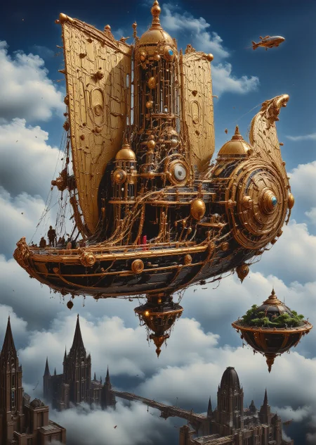 Colossal steampunk airship, ornate brass and copper detailing, sails billowing, hovers majestically above a sprawling Victorian-era cityscape. Intricate gears and pistons visible through translucent panels. Propellers whir, emitting wisps of steam. Crew members in elaborate goggles and top hats tend to gleaming machinery on the deck. Zeppelin-like envelope adorned with elaborate filigree patterns. City below shrouded in mist, clocktowers and chimneys pierce the fog. Golden sunlight glints off polished surfaces. Floating islands with hanging gardens drift nearby. Smaller vessels buzz around like mechanical insects. Hyper-detailed, 8K resolution, photorealistic rendering, atmospheric lighting, cinematic composition, <lora:moxiePunk_v20.safetensors:0.8:0.8> <lora:Sinfully_Stylish_.02_for_FLUX-000002.safetensors:0.8:0.8> <lora:flux.1_lora_flyway_Epic-detail_v2.safetensors:0.8:0.8>