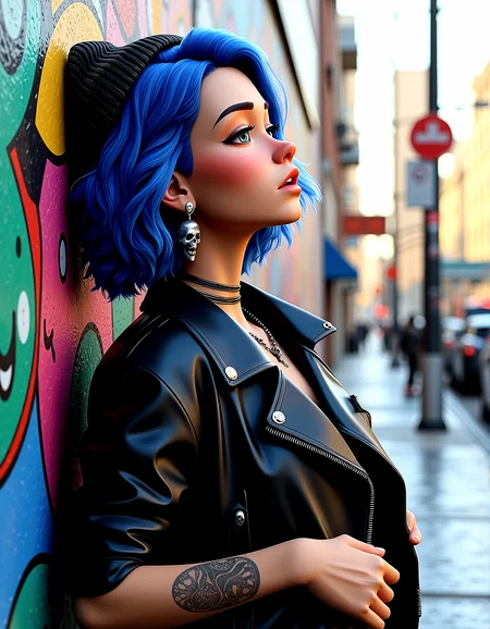 SamYoung_Illustration,
A 3D render using Unreal Engine of a young woman with short wavy blue hair, wearing a knit beanie and a black leather jacket, detailed with skull earrings, chokers, and skull-themed necklaces. The background is A large mural painted on the side of a building, showcasing vibrant street art and urban culture. focusing on cinematic photorealism.
microdetail maps for extremely fine texture details, especially on the skin and clothing.Add roughness variation across materials to enhance realism, especially on skin and fabric. real-time tessellation for dynamic surface detail, such as on the fabric of the beanie.Add subtle wear and tear to materials like the leather jacket, giving it a more lived-in look.Introduce slight imperfections like freckles, pores, and subtle blemishes to enhance skin realism.4k resolution textures for detailed surfaces, especially for the skin, leather jacket, and tattoos.Simulate wet surfaces on the ground or buildings for added realism, especially under streetlights.Add details like graffiti or signs of urban decay to walls or buildings for a gritty atmosphere.Include distant, blurred traffic lights for additional depth and urban context.
She leans back casually against a wall, with one hand in her pocket and the other resting by her side.