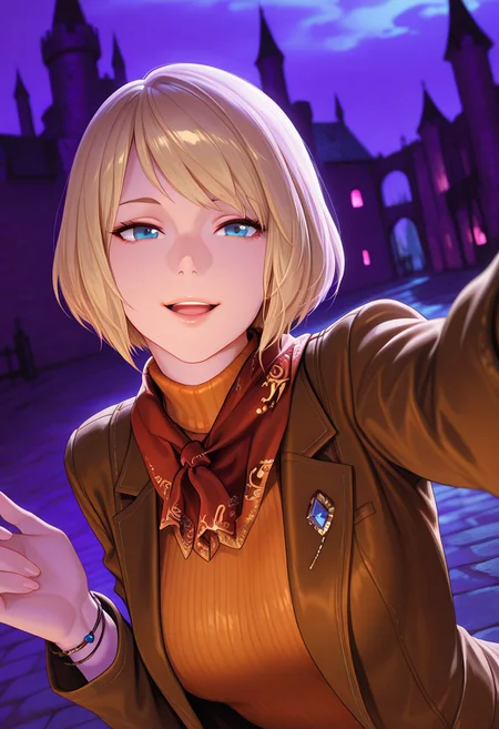 masterpiece,best quality,very aesthetic, absurdres,solo,1girl,<lora:Ashley_illustrious_v1:1> Ashley,short hair,bob cut, blonde hair,blue eyes,faint lips,(smile,open mouth),(red scarf,brown jacket,turtleneck, orange shirt, lips, jewelry, bracelet,sweater),(upper body,dynamic angle),(selfie),(dark,night,purple theme,medieval castle,deep shadows)