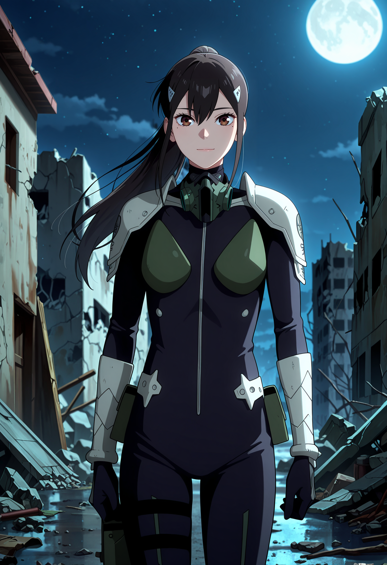 anime screencap, masterpiece, best quality,
<lora:Kaijuu8-gou_AshidoMina_IlluXL:0.9>,
1girl, solo, closed mouth, light smile,
ponytail, long hair, black hair, brown eyes, mole udner eye, hairclip,
MinaBodysuit, black bodysuit, mask around neck, shoulder pads, chest guard, vambraces,
thigh holter,
standing, looking at viewer,,
ruins, street, moon, night, dark, blurry background