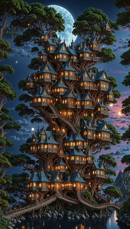 a wonderous and beautiful fantasy world with the Tree House Mansion Village, Multiple Bridges, Moon, in the night, insanely detailed and intricate, hyper maximalist, elegant, hyper realistic, super detailed, vivid colours, sunrise, ornate, dynamic, articulate, 8K, <lora:3D_Framed_Wall_Art_-_By_DICE:0.6>, (Framed 3D, 3d Tree), EPIC, Painstaking Attention To Detail, UHD