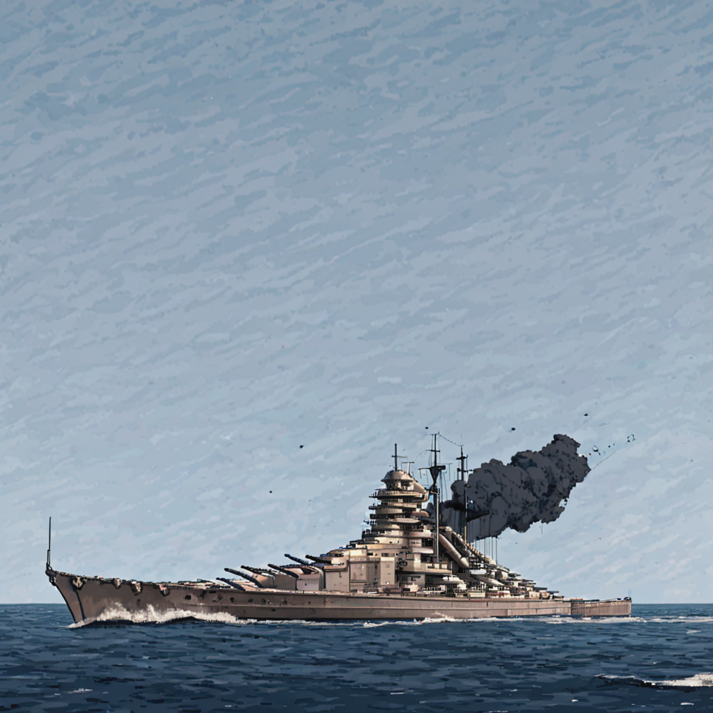 bsmrck battleship is cruising on the open ocean, ((pulp_comic, heavy_lines, hand_drawn, hand_inked, hand_colored, apxlz))