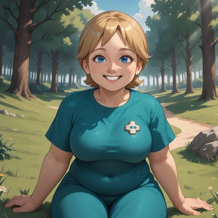 score_9, score_8, BREAK, solo, mii, wii, wii sports resort, 1girl, female mii, cute, blonde hair, black blue eyes, rare eyes, tree shaped nose, buck tooth, double chin, chubby, chubby female, dark green clothing, white pants, barefoot, Megan_(\Wii_Sports_Resort\), Nintendo Mii, modern_mii, classic_mii, big breasts, sexy pose, self portrait, smile, outdoors, sunlight, shadows, evening lighting, natural lighting, forest, trees, grass, orange sky, sunset, sitting, feet, soles