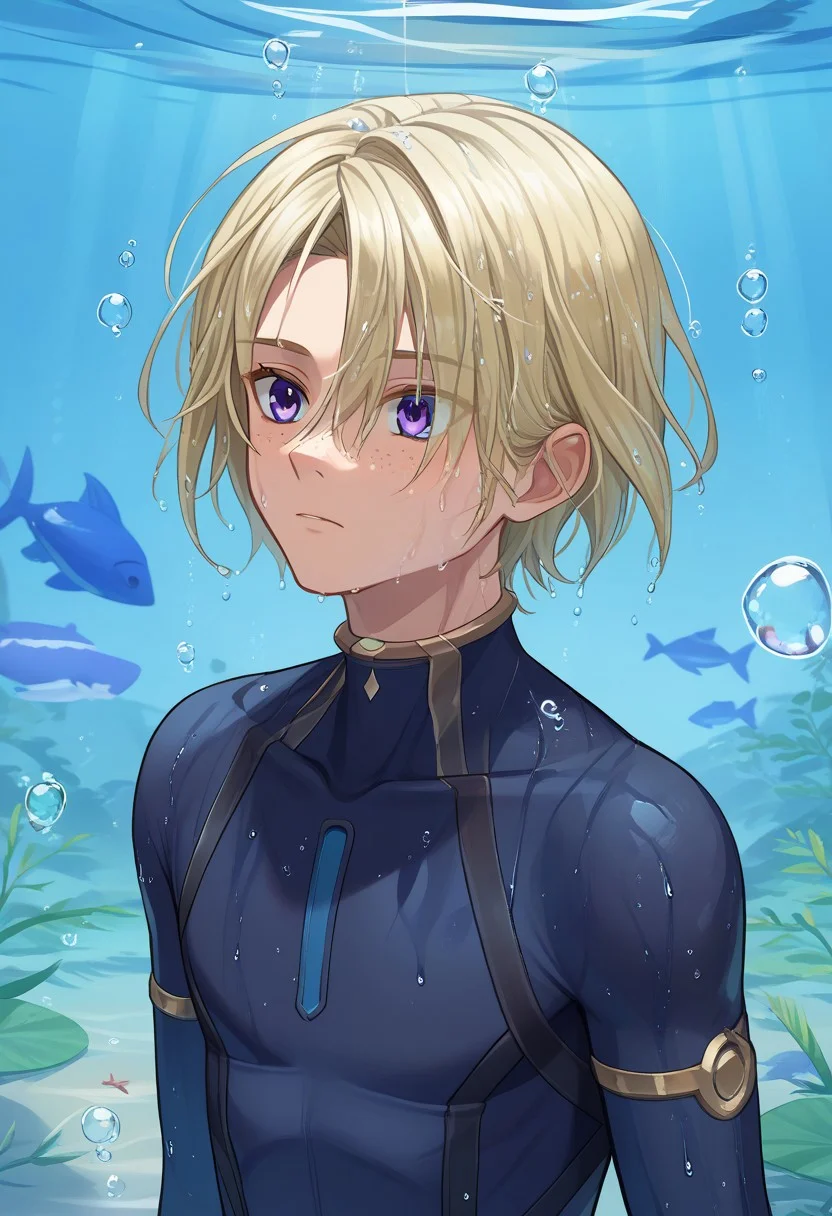 score_9, score_7_up, source_anime
freminet, 1boy, male focus, solo, purple eyes, blue eyes, blonde hair, freckles, diving suit, barefoot, wet, wet hair,
diving, air bubble, bubble, light rays, underwater, fish,
outdoor, upper body,