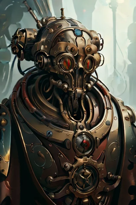 ((masterpiece,best quality)), absurdres, mechanical arms, bronze and crimson robes, hood, (techpriest), cyborg, mechanical face, (ArtNouveauAI)