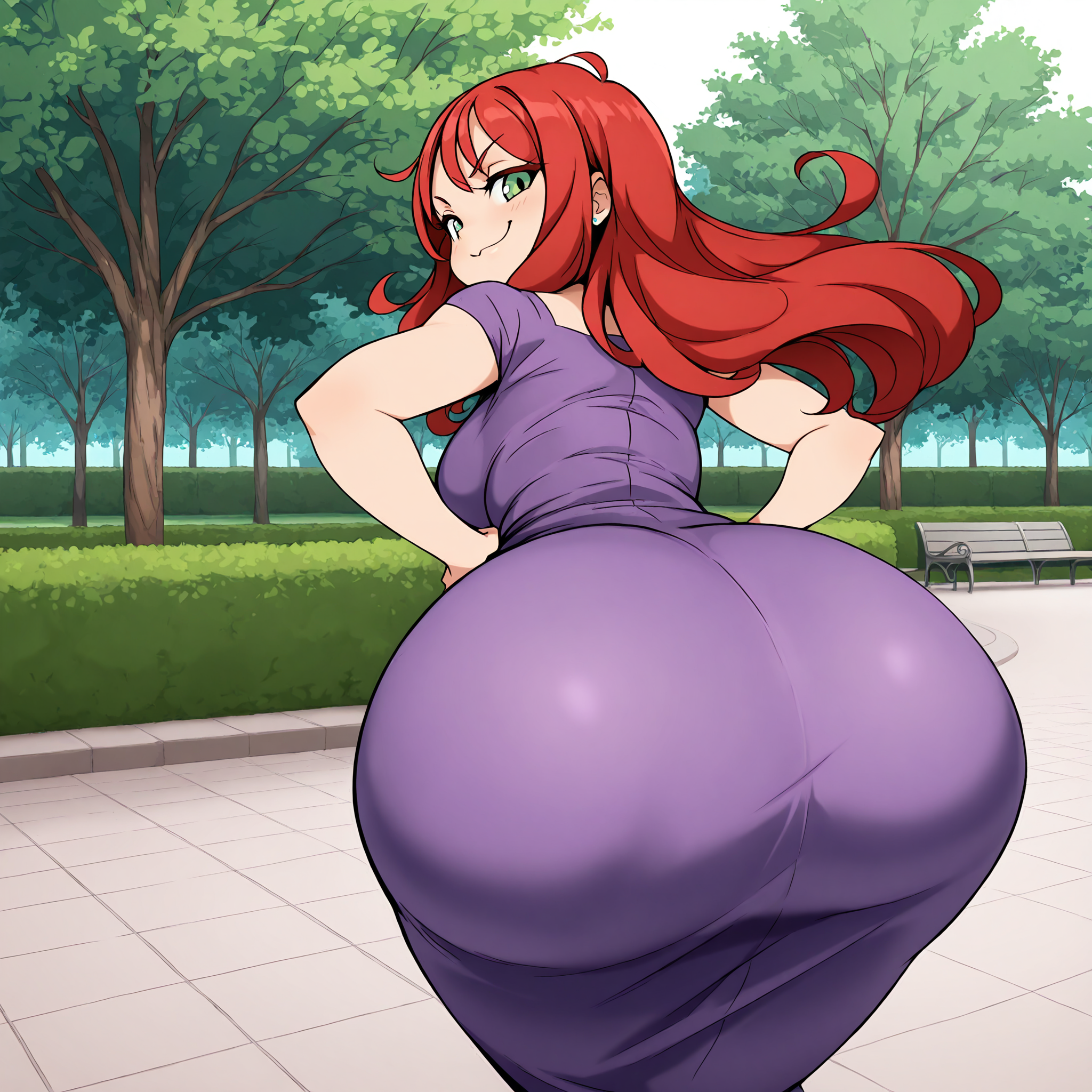 (masterpiece), best quality, (highly detailed), 1female, solo, <lora:night_blade_style_Illustrious:0.8>, park, purple dress, from behind, huge ass, hands on hips, red hair, long hair, green eyes, smug, looking back,