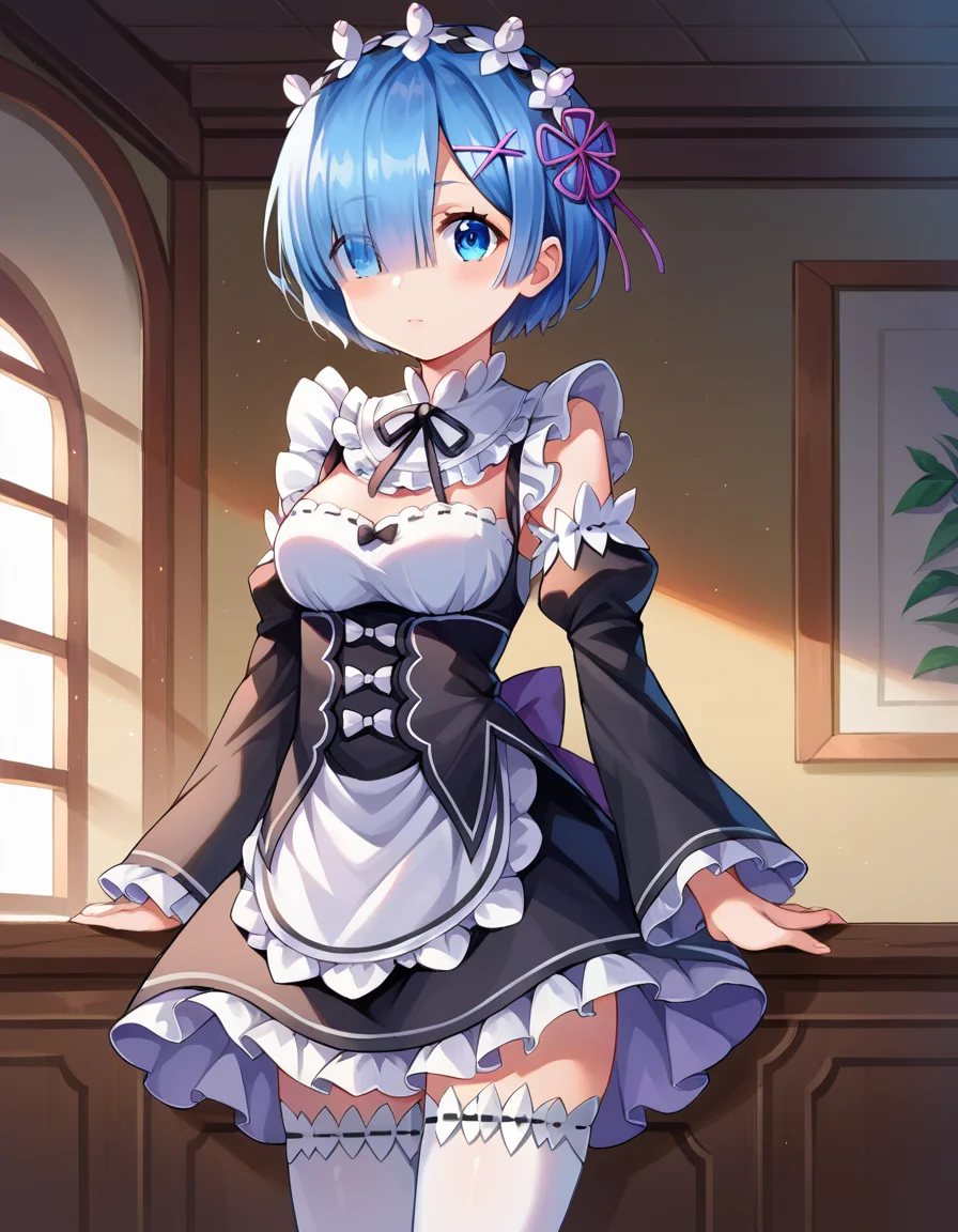 score_9, score_8_up, score_7_up, source_anime,
rezerorem, <lora:rezero-rem-ponyxl-lora-nochekaiser:1>,
rem, blue eyes, blue hair, hair ornament, hair over one eye, hair ribbon, short hair, x hair ornament,
apron, black ribbon, black skirt, black sleeves, detached collar, detached sleeves, flower, frilled apron, frilled skirt, frills, head wreath, long sleeves, maid, miniskirt, neck ribbon, purple ribbon, ribbon, ribbon trim, ribbon-trimmed sleeves, roswaal mansion maid uniform, short hair, skirt, thighhighs, waist apron, white apron, white thighhighs,
indoors,
looking at viewer, dutch angle, cowboy shot,