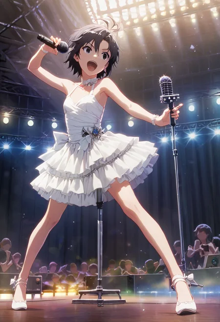 score_9,score_8_up,score_7_up,score_6_up,source_anime, <lora:Worldly_XL:1.00> assembly line, foundry, furnace, old factory, skylight, rooflight, (rock concert, microphone stand, microphone:1.3),
1girl, solo, full figure, standing, dynamic pose, singing, dancing, <lora:KikuchiMakoto_pony_v1:0.9> kikuchi makoto, kkcmkt, short hair, black hair, antenna hair, hair between eyes, black eyes, flat chest, small breasts, (long legs:1.2), white dress, white shoes, delicate strappy heels,
hands, <lora:detailed_hands:1.05> <lora:HandFineTuning_XL:0.65>
<lora:loraeyesxl:0.65>
zPDXL, zPDXL-neg