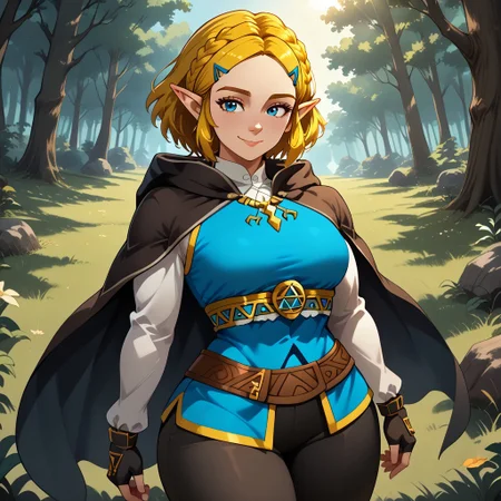 score_9, score_8, BREAK, Zelda (The Legend of Zelda: Tears of the Kingdom), adult female,short blonde hair,blue eyes,side-swept bangs,blue eyes,medium breasts,curvy,Thin waist, leather cape, fingerless Black gloves, wearing a royal blue tunic with golden embroidery and a Triforce symbol, black fitted pants, brown leather boots, sexy pose, self portrait, smile, outdoors, sunlight, shadows, evening lighting, natural lighting, forest, trees, grass, orange sky, sunset