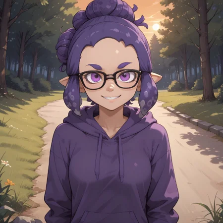score_9, score_8, BREAK, solo, splatoon, inkling, female inkling, 1girl, tentacle hair, purple hair, single hair bun, purple eyes, glasses, cute, purple eyebrows, purple hoodie, purple jeans, purple shoes, breasts, Jeanette_Romero_(\OC_Inkling\), sexy pose, self portrait, smile, outdoors, sunlight, shadows, evening lighting, natural lighting, forest, trees, grass, orange sky, sunset