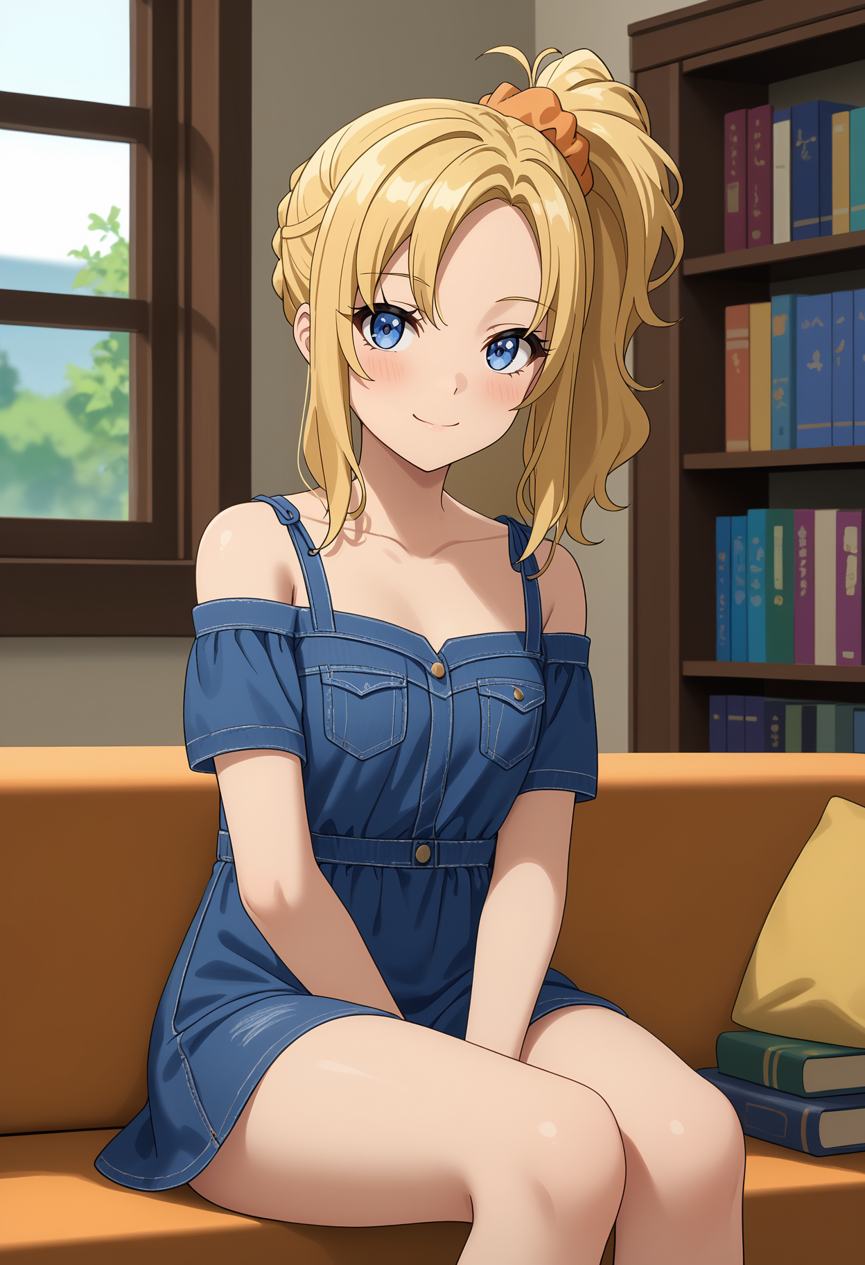 score_9,
<lora:SeishunButaYarou_ToyohamaNodokaXL:0.8>,
1girl, solo, closed mouth, light smile, light blush,
side ponytail, blonde hair, blue eyes, parted bangs, hair scrunchie, orange scrunchie,
NodokaDress, off-shoulder dress, blue dress, denim, bare shoulders, short sleeves, short dress,
head tilt, thigh gap, sitting, looking at viewer,
blurry background, indoors, flower, window, bookshelf