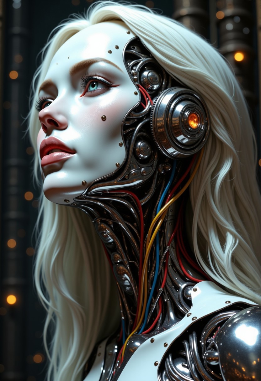 impressionist classical-style painting of a highly detailed, fantasy scene with a dramatic, robotic aesthetic. The central figure is a female robot. Her head and body are made of shiny and smooth metal with multi-colored, exposed wiring going down her neck creating an organic mosaic pattern. She is a biomechanical robot with Chrome Skinned and there are wires jacked into her face. Her eyes are an intense silver color with light silver eyeshadow, and her lips are a rich, deep silver color. There is a missing panel on her cheek. A spot light focuses on her from above. Her hair is stark, metallic white strands that falls around the lower half of the image. She is blending in with the background. She is facing you and looking up into the sky intensely. The overall impression is one of dramatic beauty, with an almost otherworldly quality.  (((ultra-realistic style))), realistic soft lighting, dark, eye-catching, atmospheric lighting, natural, shallow depth of field, (highlights: 0.8), high detail (dynamic, cinematic shot, film grain, bokeh, depth of field,