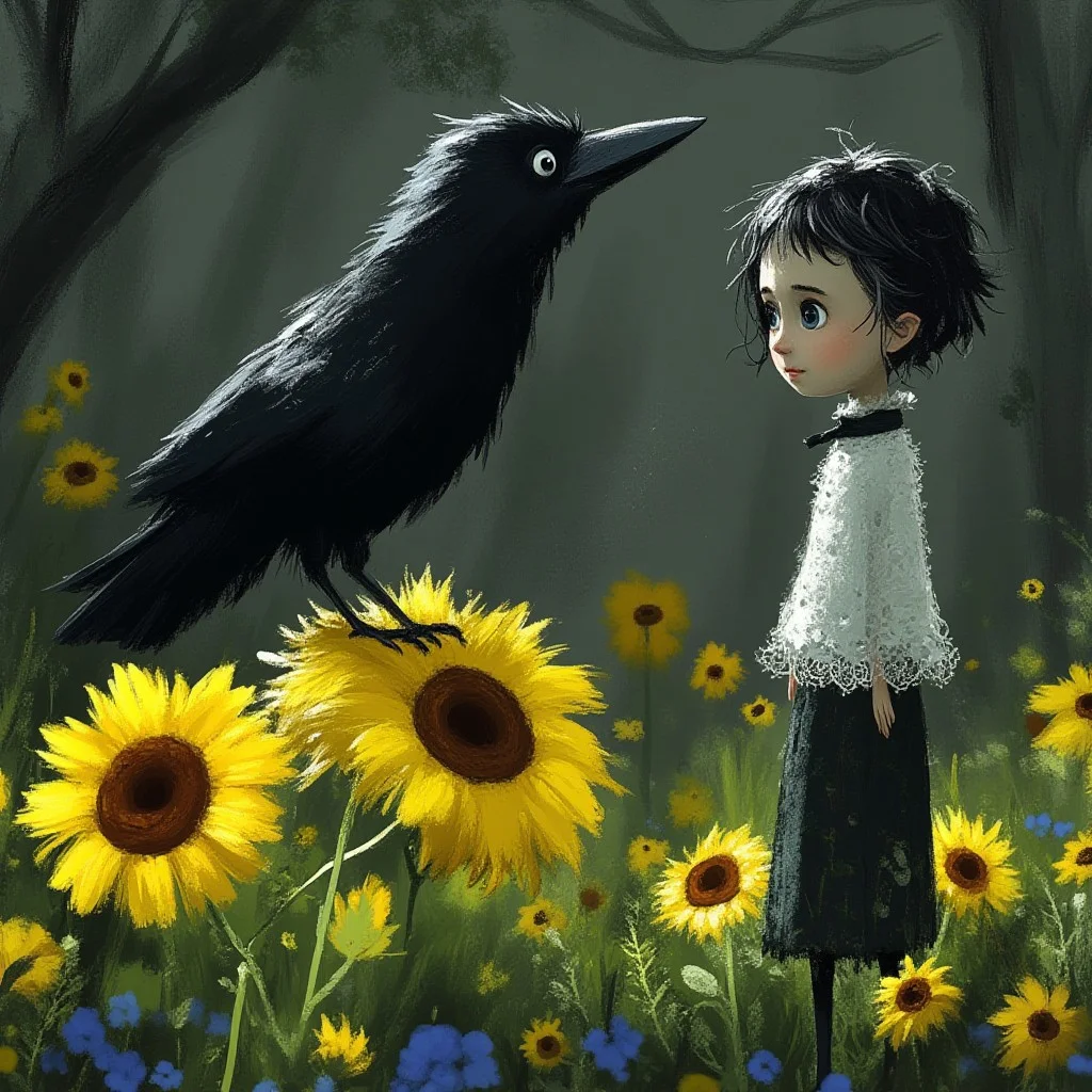A whimsical illustration of a slender girl with her tall raven in dark whimsical art style, wearing lace dress and ribbons, standing among yellow sunflowers and blue forget-me-nots, digital painting with expressive brushstrokes, dark forest background, characteristic Tim Burton inspired design with enchanted eyes