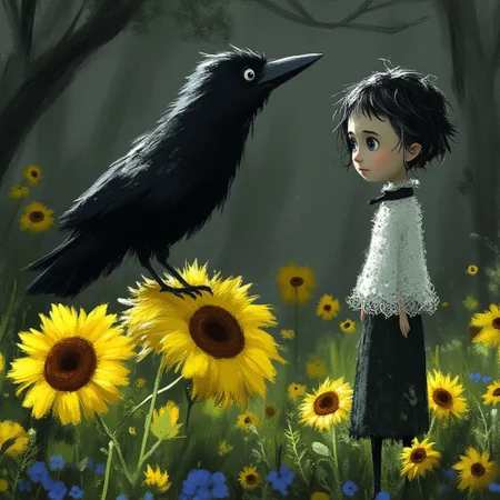 A whimsical illustration of a slender girl with her tall raven in dark whimsical art style, wearing lace dress and ribbons, standing among yellow sunflowers and blue forget-me-nots, digital painting with expressive brushstrokes, dark forest background, characteristic Tim Burton inspired design with enchanted eyes