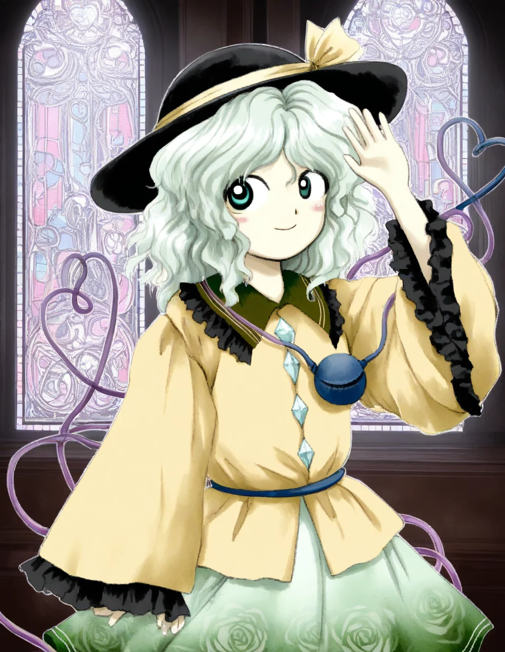 masterpiece, best quality, very aesthetic, absurdres, EoSD, solo, 1girl, komeiji koishi, black hat, hat bow, yellow ribbon, green hair, medium hair, wavy hair, sanpaku, contrapposto, looking at viewer, from side, smile, collared shirt, frilled shirt collar, wide sleeves, frilled sleeves, diamond button, green skirt, flat chest, yellow shirt, black frills, upper body, shading eyes, arm up, waving, third eye, heart of string, indoors, night, chireiden, stained glass, vignetting, <lora:EoSD:1> <lora:classic_komeiji_koishi_r1:0.3>