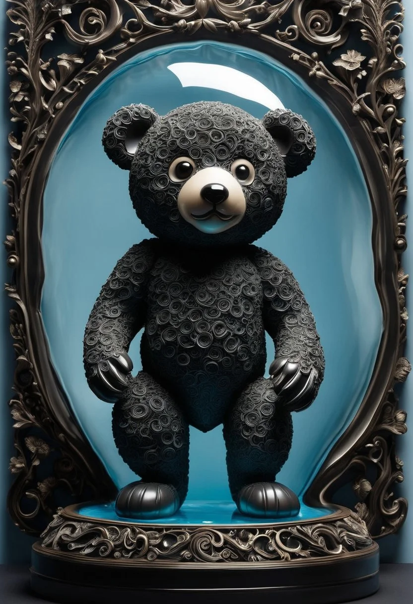 The balloon bear shape is made of transparent, inflatable material, with small marble ball and crystal inside the animal's body, against a light blue background and with studio lighting. The floral design art style features glass sculptures, resin material, and high-definition images. It has clear edges in the composition. This artwork was created in the style of Satoru Katsura. SDXL_POS, XL_NEG