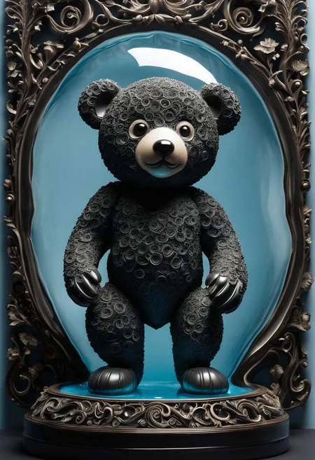 The balloon bear shape is made of transparent, inflatable material, with small marble ball and crystal inside the animal's body, against a light blue background and with studio lighting. The floral design art style features glass sculptures, resin material, and high-definition images. It has clear edges in the composition. This artwork was created in the style of Satoru Katsura. SDXL_POS, XL_NEG