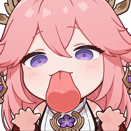 (masterpiece, high quality, amazing detail), highres, 1girl, yae miko, solo, blush_sticker, licking screen, 1girl, solo, long hair, looking at viewer, simple background, white background, tongue, tongue out, chibi, :3, <lora:Chibi_licking_your_screen-10:1>