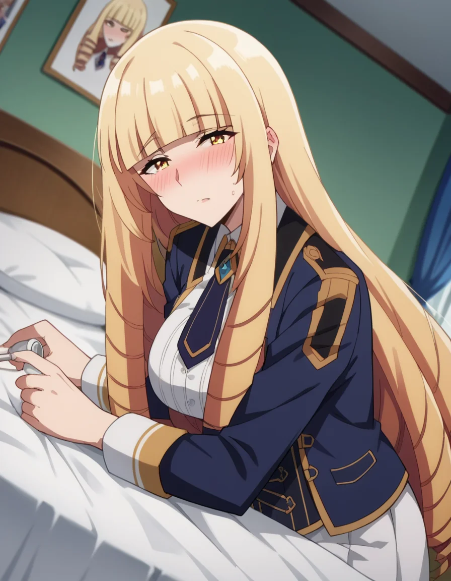 score_9, score_8_up, score_7_up, source_anime,
orianarose, <lora:oriana-rose-ponyxl-lora-nochekaiser:1>,
oriana rose, long hair, blonde hair, yellow eyes, drill hair, bangs, blunt bangs, mature female,
skirt, jacket, necktie, white skirt, corset,
indoors, bed, bed room, on side, blush, drunk,
looking at viewer, dutch angle,