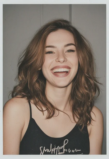 A polaroid photograph of a 28yo woman wearing a black loose tanktop, Shoulder-length auburn hair, styled in loose waves, Laughing, head slightly tilted. (Below the image, there is a text in bold slightly scribbled letters spelling "Cynthia“.)