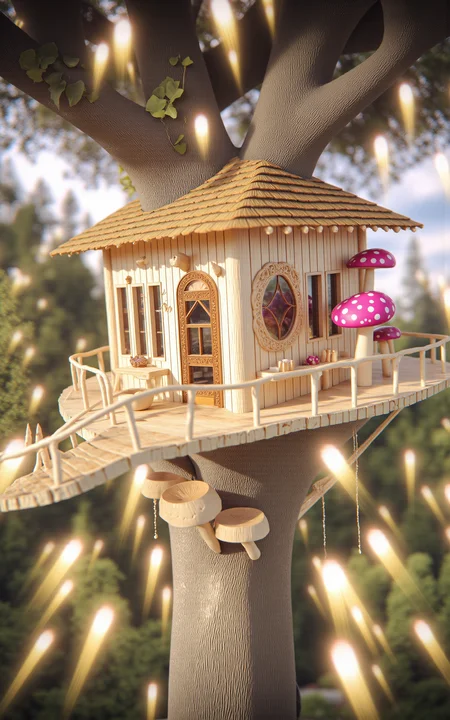 A whimsical treehouse built into the trunk and branches of a massive ancient tree,surrounded by an enchanted glowing forest. Golden sunlight filters through the dense canopy,casting soft light beams and floating golden dust particles through the air. The treehouse features fantasy architecture: glowing mushrooms,stained glass windows,vine-covered wooden beams,and delicate balconies. Full panoramic wide-angle view showing the treehouse nestled within the magical forest,dreamy and luminous daytime atmosphere,<lora:aidmaMJ6.1_v0.5_3:0.6>,aidmaMJ6.1,<lora:detailifier_sd3.5:1>,detailifier,
