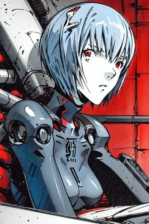 <lora:blame5:1>, cyborg rei ayanami, (ayanami rei:1.2), blue hair, short hair, (red eyes:1.3), portrait, dim light, ((heavy black and white)), only head portrait, blame, full of tubes, biomechanical, giger, horror, mechanical, tubes and metal, rei ayanami, (ayanami rei:1.2), blue hair, short hair, (red eyes:1.3),, bodysuit, headgear, plugsuit, black bodysuit, , hand drawn, pencil drawn, watercolor, painting, handmade