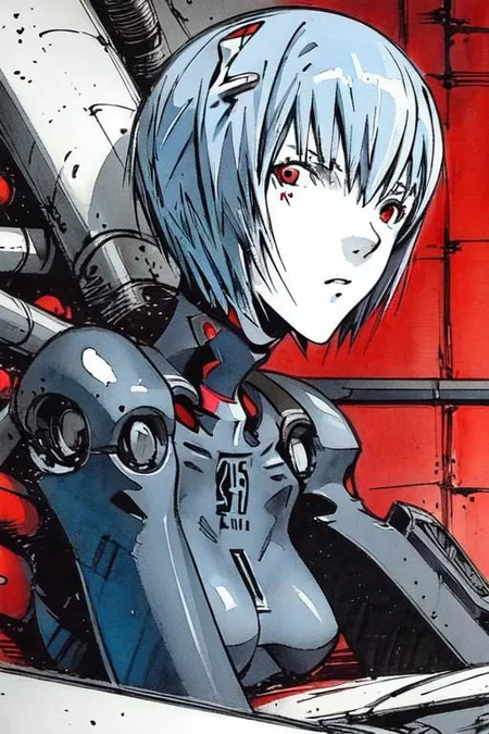 <lora:blame5:1>, cyborg rei ayanami, (ayanami rei:1.2), blue hair, short hair, (red eyes:1.3), portrait, dim light, ((heavy black and white)), only head portrait, blame, full of tubes, biomechanical, giger, horror, mechanical, tubes and metal, rei ayanami, (ayanami rei:1.2), blue hair, short hair, (red eyes:1.3),, bodysuit, headgear, plugsuit, black bodysuit, , hand drawn, pencil drawn, watercolor, painting, handmade