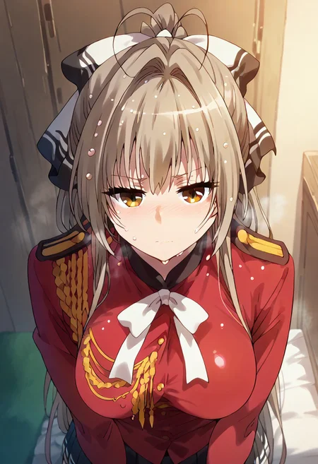 (zPDXL3),
(zPDXLxxx),
sweat, 
wet, 
oiled, 
shiny skin, 
1girl, 
solo, 
isuzu sento, 
long hair, 
ponytail, 
antenna hair, 
aiguillette, 
uniform, 
breasts, 
hair bow, 
skirt, 
thighhighs, 
embarrassed,
half closed eyes, 
closed mouth,
front view,
bust up,
from above,
looking at viewer,