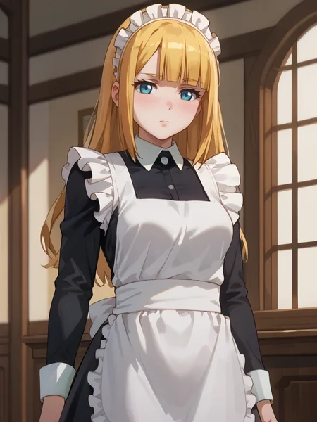 score_9, score_8_up, score_7_up, score_6_up, score_5_up, score_4_up, source_anime,,cinematic shadow, character focus, detailed skins, perfect curvy medium breasts,(cowboy shot:1.4),body blush,<lora:StS_PonyXL_Detail_Slider_v1.4_iteration_3:4>, <lora:Tuareninya_Veyron__Overlord_:1>,tuareninya,long blonde hair,straight hair,bangs,blunt bangs,blue eyes,tuareninyamaid,maid,maid headdress,frilled white maid apron,frills,black long sleeves dresss,standing, expressionless, random sexy pose, covered collarbone,