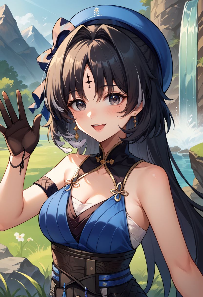 score_9, score_8_up, score_7_up, source_anime, 1girl, yangyangdef, grey eyes, mole under eye, black hair, long hair, hair intakes, multicolored hair, forehead mark, medium breasts, earrings, jewelry, hat, beret, blue headwear, black bow, bare shoulders, blue dress, sleeveless, arm strap, cleavage, chest sarashi, black gloves, single glove, black skirt, tassel, black pantyhose, black footwear, high heel boots, standing, open mouth, smile, waving, blush, looking at viewer, outdoors, grass, nature, rocks, waterfall, mountain in the background, sun, facing viewer, upper body, <lora:Yangyang_v1-000010:1>