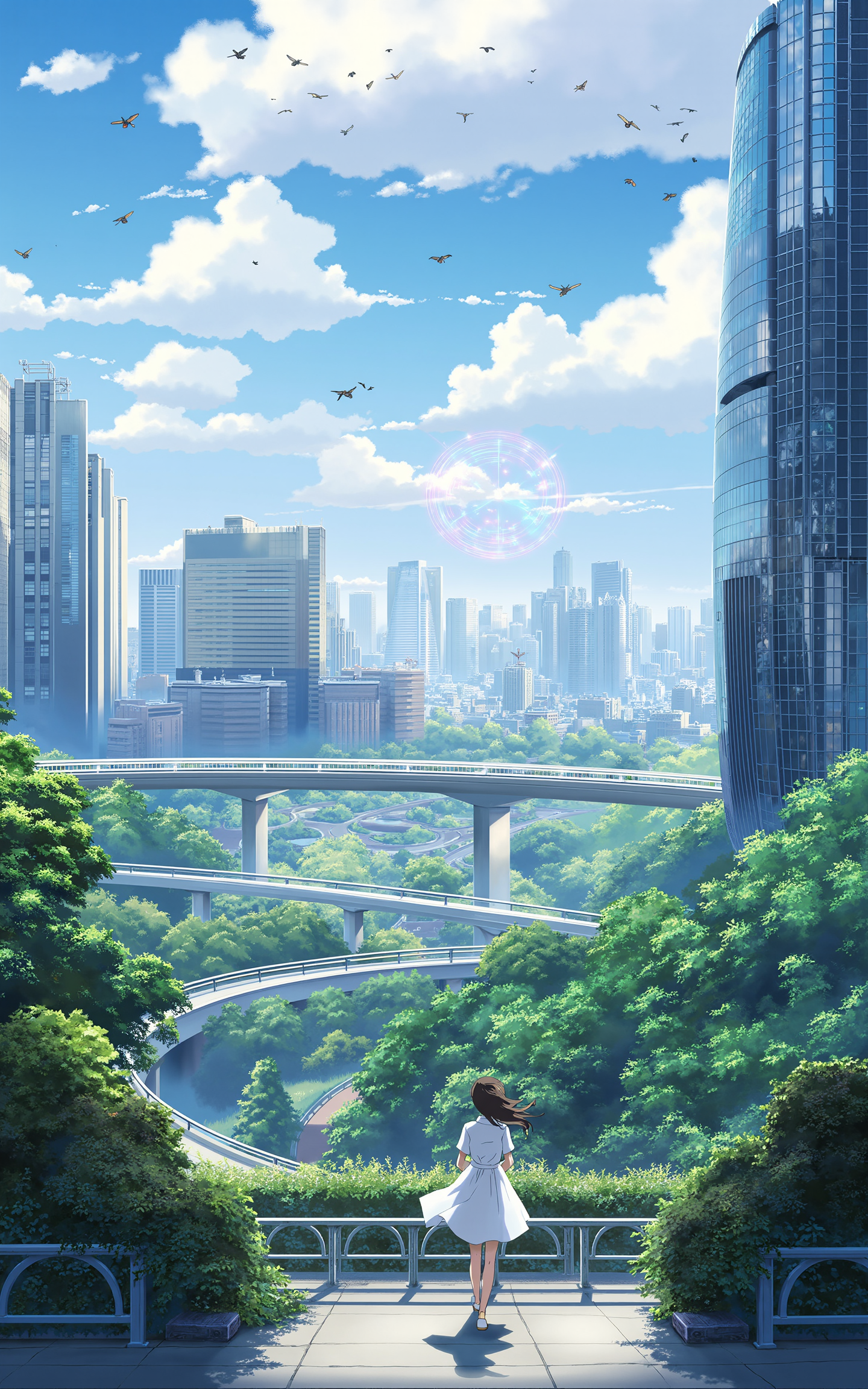 A futuristic cityscape bathed in soft sunlight,featuring a high-speed train gliding smoothly on an elevated track above lush greenery and intricate spiral roads. Towering skyscrapers with sleek,modern designs rise into the sky,while a massive,glowing ring-shaped structure floats above the city. Hovering drones and small futuristic aircraft soar through the sky. On a sleek,transparent floating platform near the train station,a young woman in a flowing white dress stands gracefully,gazing into the distance as she waits for the train. Her long hair flows gently in the breeze,and her delicate silhouette contrasts beautifully with the ultramodern surroundings. The atmosphere is serene yet full of life,with a perfect blend of nature and advanced technology.,<lora:kanime-01:0.8>,kanime,anime,Shinkai Makoto style,
