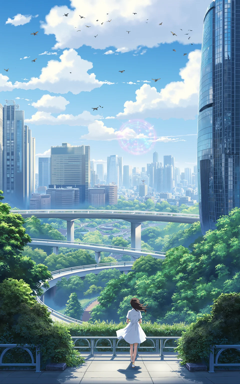 A futuristic cityscape bathed in soft sunlight,featuring a high-speed train gliding smoothly on an elevated track above lush greenery and intricate spiral roads. Towering skyscrapers with sleek,modern designs rise into the sky,while a massive,glowing ring-shaped structure floats above the city. Hovering drones and small futuristic aircraft soar through the sky. On a sleek,transparent floating platform near the train station,a young woman in a flowing white dress stands gracefully,gazing into the distance as she waits for the train. Her long hair flows gently in the breeze,and her delicate silhouette contrasts beautifully with the ultramodern surroundings. The atmosphere is serene yet full of life,with a perfect blend of nature and advanced technology.,<lora:kanime-01:0.8>,kanime,anime,Shinkai Makoto style,