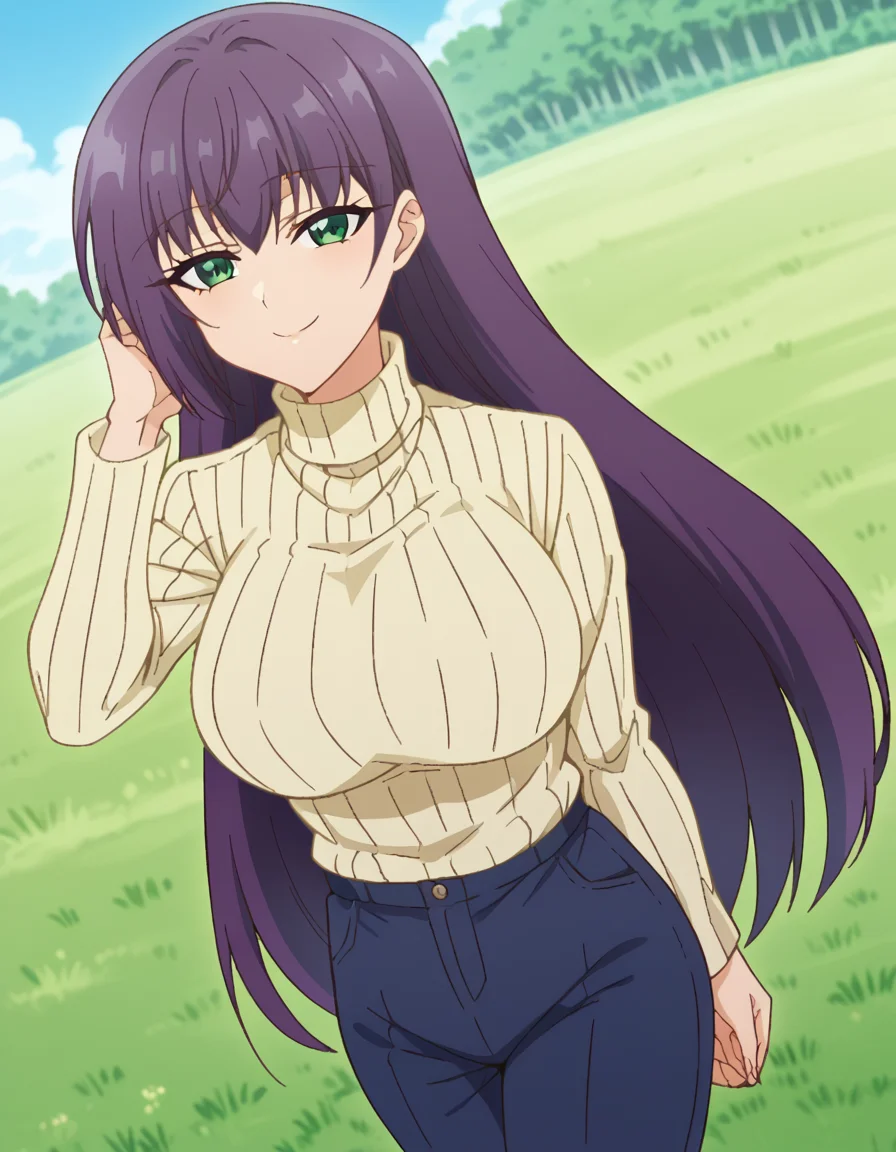 score_9, score_8_up, score_7_up, source_anime, <lora:yutaka-shinozaki-s1-ponyxl-lora-nochekaiser:1>, yutaka shinozaki, long hair, bangs, very long hair, green eyes, purple hair,, large breasts, mature female, long sleeves, pants, sweater, turtleneck, ribbed sweater, turtleneck sweater, blue pants, white sweater, savannah, grass, wildlife, hot, open, smile, <lora:seductive-smile-ponyxl-lora-nochekaiser:1>, seductive smile, come hither, naughty face,, looking at viewer, solo,, dutch angle, cowboy shot
