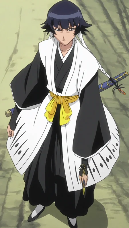 source_anime, score_9, score_8_up, score_7_up, anime screencap, high quality, 8k, absurdres, official style, <lora:SoiFon:1>, soifon, black eyes, short hair with long locks, black hair, short hair, full robes, black kimono, white haori, long hair, black hair, weapon, japanese clothes, sword, kimono, black eyes, holding sword, katana, sheath, short hair with long locks, sheathed, haori, black hakama standing, full body, looking at viewer,